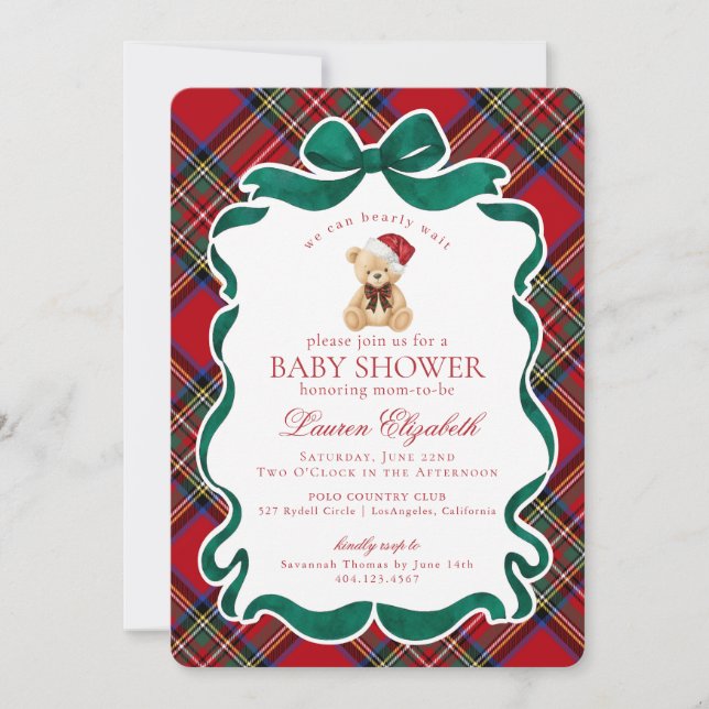 Invitation Red Tartan Plaid Christmas Bear Baby Shower (Devant)