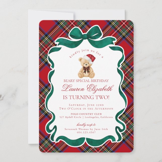 Invitation Red Tartan Plaid Christmas Bear Birthday (Devant)