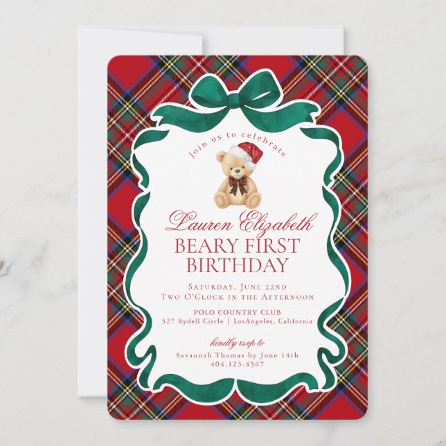 Invitation Red Tartan Plaid Christmas Beary First Birthday (Devant)