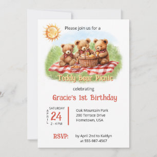 Invitation Red Teddy Bear Pique-nique 1er Anniversaire
