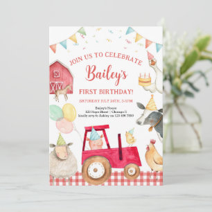 Invitation Red Tractor Animaux de ferme Barnyard 1er annivers