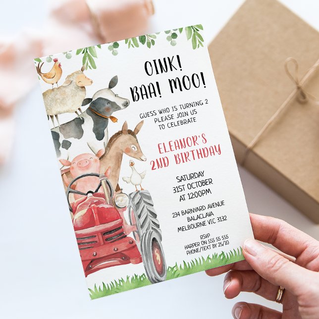 Invitation Red Tractor Farm Animaux 2e anniversaire (Cute farm themed birthday invitation featuring a red tractor various cute farm animals and foliage.)
