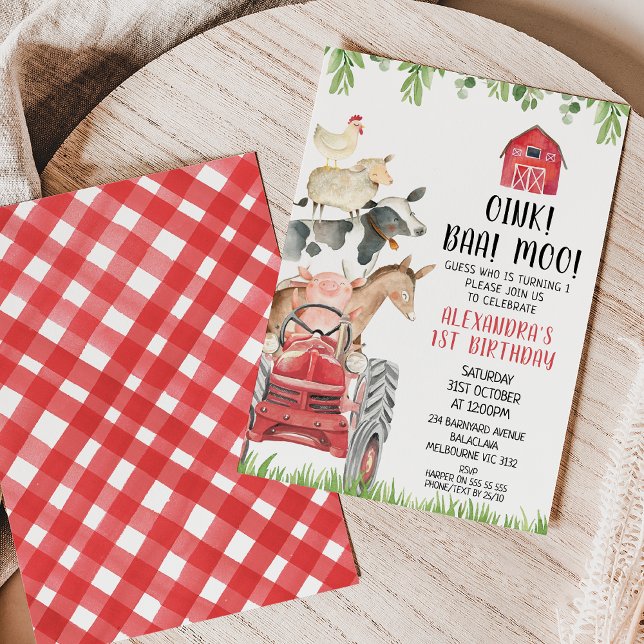 Invitation Red Tractor Farm Animaux Oink Baa Moo 1er annivers (Cute red tractor and farm animals first birthday invitation featuring some cute farmyard animals.)