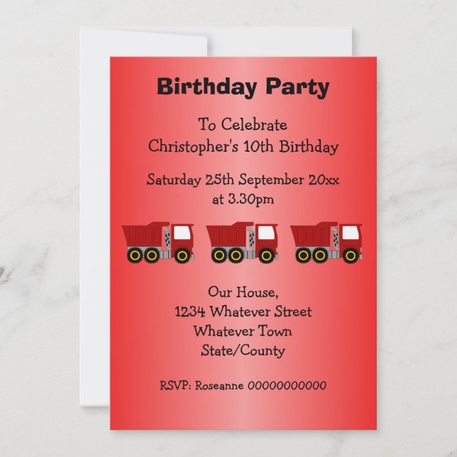 Invitation Red Truck Design Boy's Birthday Party (Devant)