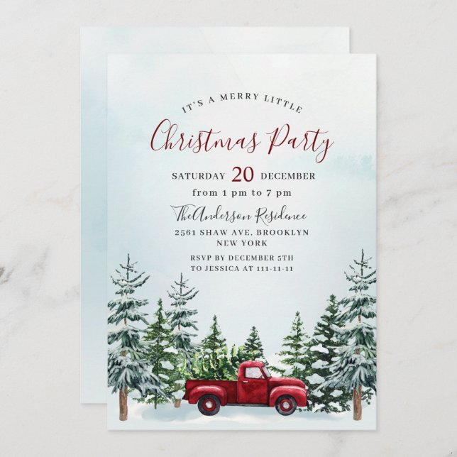Invitation Red Truck Pine Tree Holiday Christmas Little Party (Devant / Derrière)