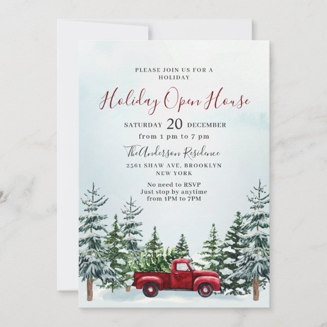 Invitation Red Truck Pine Trees Noël Holiday Open House (Devant)