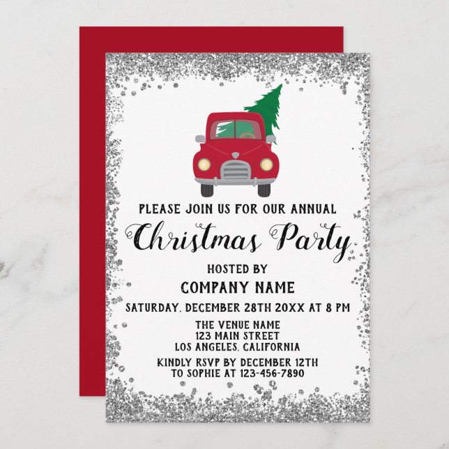 Invitation Red Truck Xmas Tree Company Christmas Party Argent (Devant / Derrière)