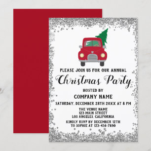 Invitation Red Truck Xmas Tree Company Christmas Party Argent