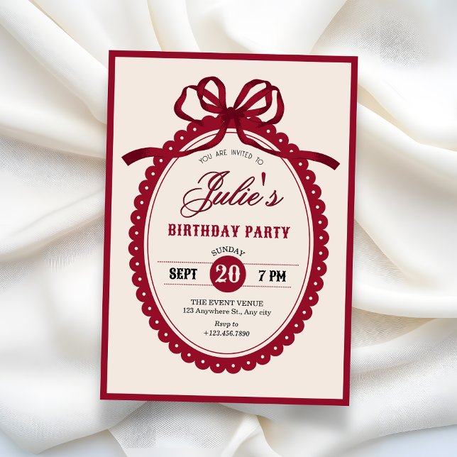 Invitation Red vintage bow birthday  (Créateur téléchargé)
