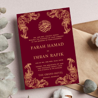 Invitation Red Vintage Gold Corner Mariage musulman islamique