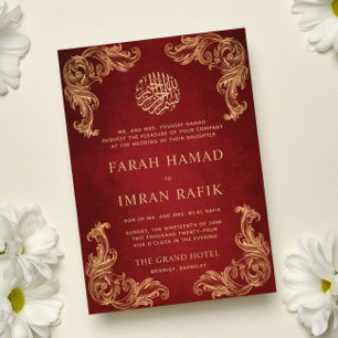 Invitation Red Vintage Gold Corner Mariage musulman islamique