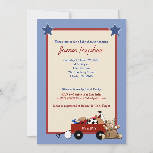 Invitation Red Wagon Teddy Bear 5x7 Baby shower sportif (Devant)