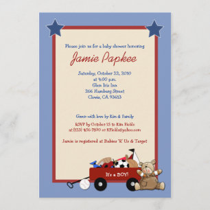 Invitation Red Wagon Teddy Bear 5x7 Baby shower sportif