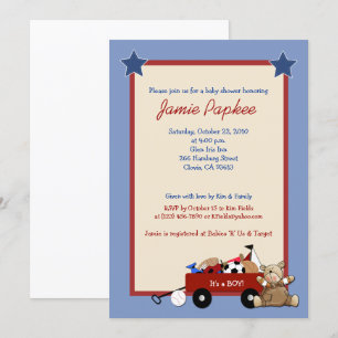 Invitation Red Wagon Teddy Bear Sports Boy Baby shower