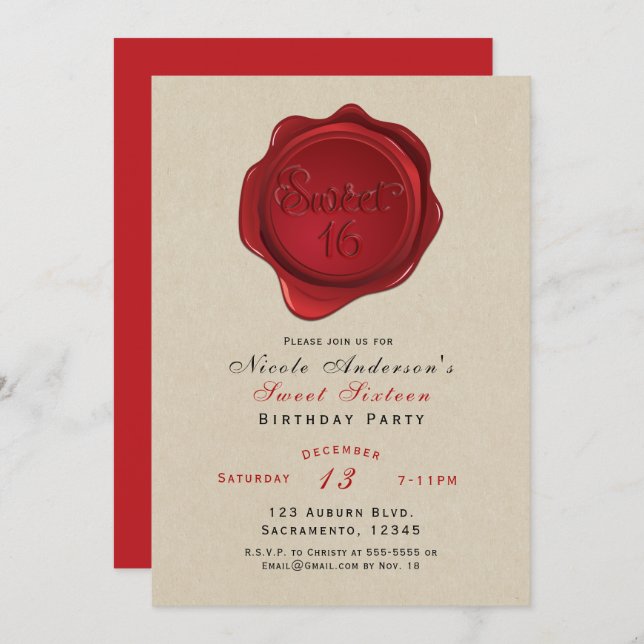 Invitation Red Wax Seal Sweet 16 Rustic Kraft fête d'annivers (Devant / Derrière)