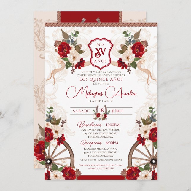 Invitation Red Western élégant baroque Charro Quinceañera (Devant / Derrière)