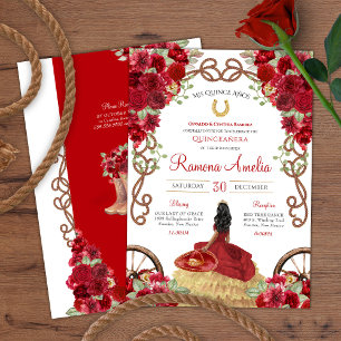 Invitation Red Western Rustic Floral Charra Quinceanera