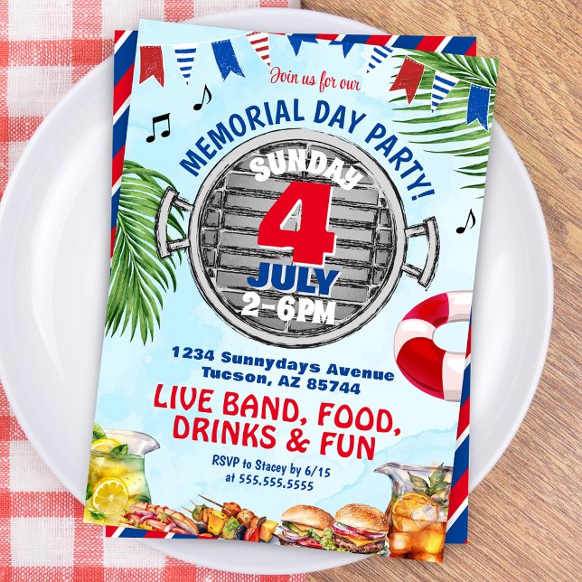 Invitation Red White and Blue Memorial Day BBQ Pool Party (Patriotic Red White and Blue Memorial Day 4th of July Birthday Invitation for BBQ Pool Party Invites)