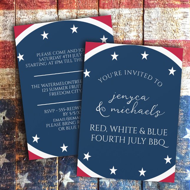 Invitation Red White and Blue Stars Patriotic 4 juillet BBQ (Let's all enjoy a great time together with Family, Food and Fireworks)