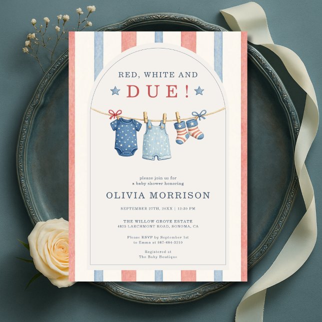 Invitation Red White and Due Stripes Clothesline Baby Shower (Créateur téléchargé)