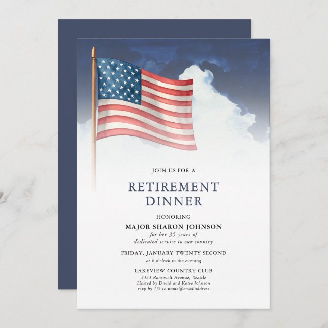 Invitation Red White Blue Military American Flag Retirement (Devant / Derrière)