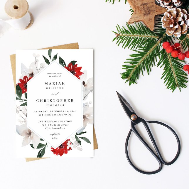 Invitation Red & White Christmas Floral Wedding (Créateur téléchargé)