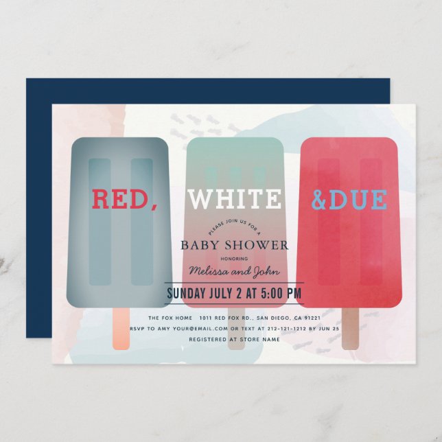 Invitation Red White & Due Popsicle Juillet 4 Baby shower (Devant / Derrière)
