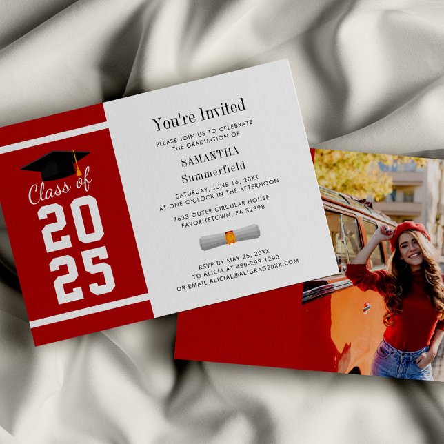 Invitation Red White Grad Photo Graduation 2025 (Graduation 2025 Photo Red and White Party Invitation)