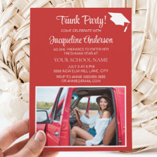 Invitation Red White Graduation Cap College Trunk Party Photo