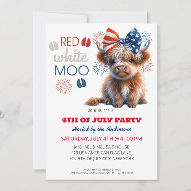 Invitation Red White Moo Patriotic Highland cow 4 juillet (Devant)
