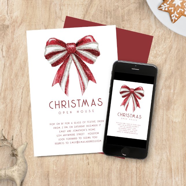 Invitation Red White Parties scintillant Bow Open House Noël (Available digitally and printed)