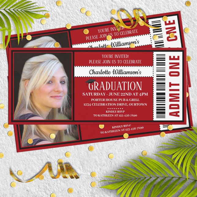 Invitation Red|White Photo Ticket Graduation Party (Créateur téléchargé)