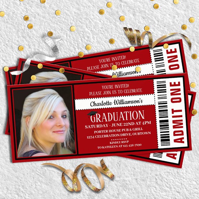 Invitation Red|White Photo Ticket Graduation Party (Créateur téléchargé)