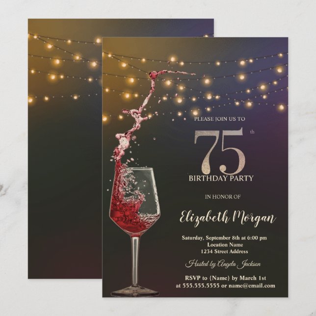 Invitation Red Wine String Lights 75th Birthday Party (Devant / Derrière)