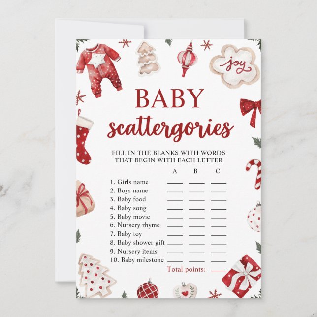 Invitation Red Winter Baby shower de Noël Scattegories Jeu (Devant)