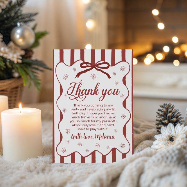 Invitation Red Winter First Birthday Thank You Card (Créateur téléchargé)