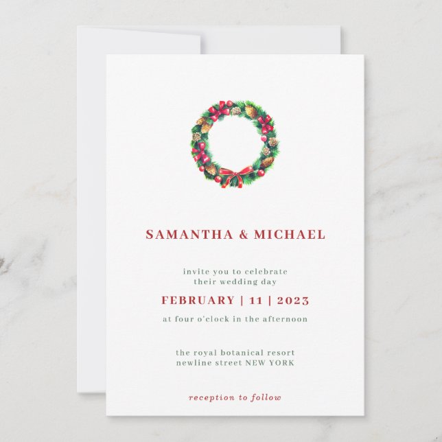 Invitation Red Winter Wreath Simple Élégant Noël (Devant)