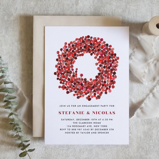 Invitation Red Winterberry Wreath Christmas Party (Engagement party invitation featuring watercolor winterberry wreath. Perfect for Christmas events.)