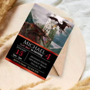 Invitation Red Wyvern Dragon Château médiéval Metallic Birthd