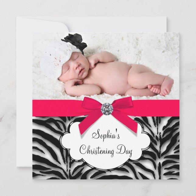 Invitation Red Zebra Baby Girl Photo Christening (Devant)