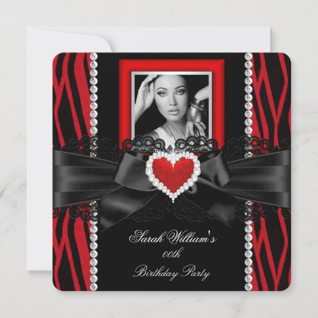 Invitation Red Zebra Dentelle Diamond Coeur Photo Anniversair (Devant)