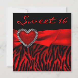 Invitation Red Zebra Red Heart Sweet 16 Party