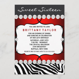 Invitation Red Zebra Sweet sixteen fête d'anniversaire