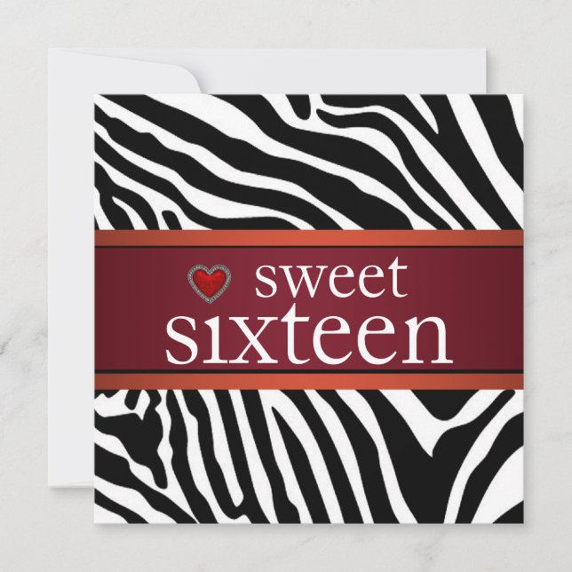 Invitation Red Zebra Sweet sixteen fête d'anniversaire (Devant)