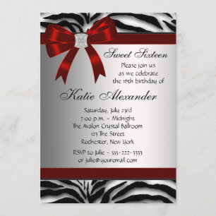 Invitation Red Zebra Sweet sixteen fête d'anniversaire