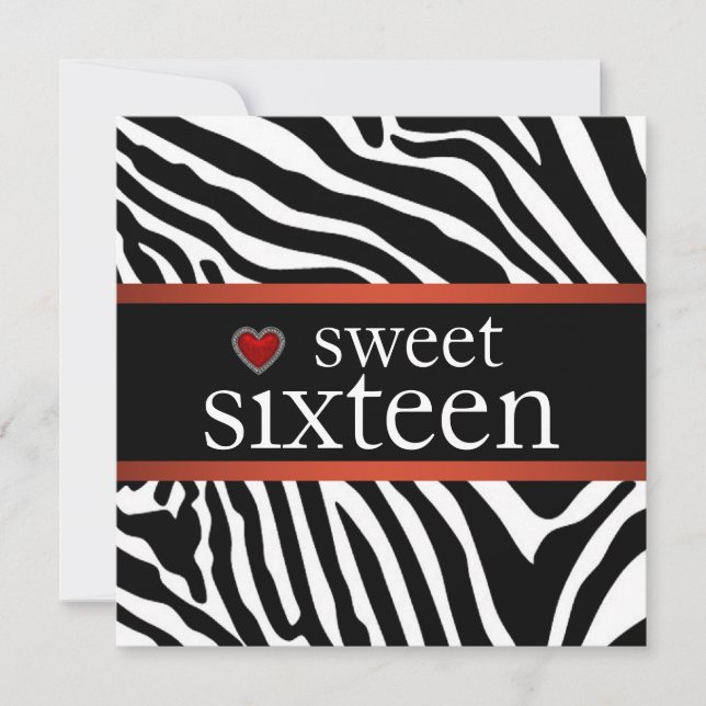 Invitation Red Zebra Sweet sixteen fête d'anniversaire (Devant)