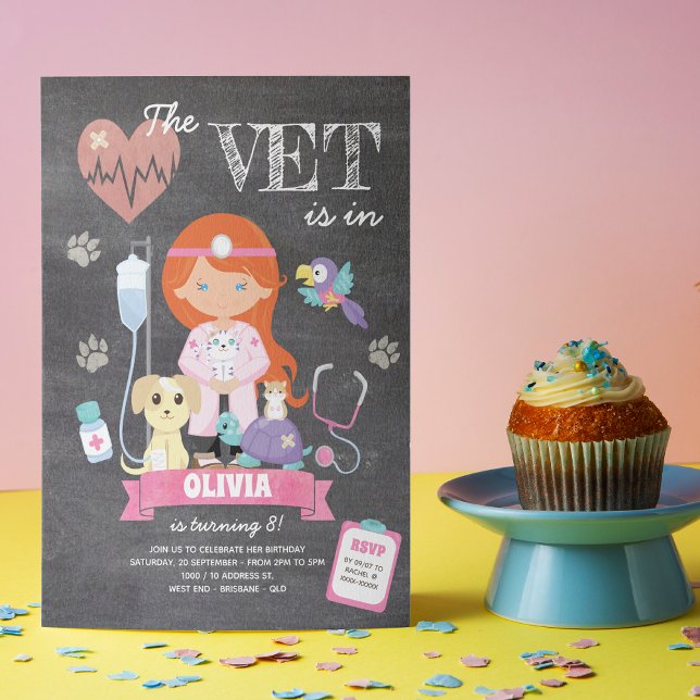 Invitation Redhead Chalkboard Girl Vet Anniversaire (This girl’s vet birthday invitation is just the right medicine to your celebration!)