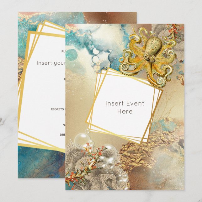 Invitation Réef de corail poulpe aquarelle marin nautique (Devant / Derrière)