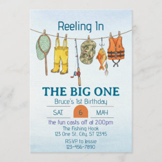 Invitation Reeling The Big One, Fishing Line 1st Birthday