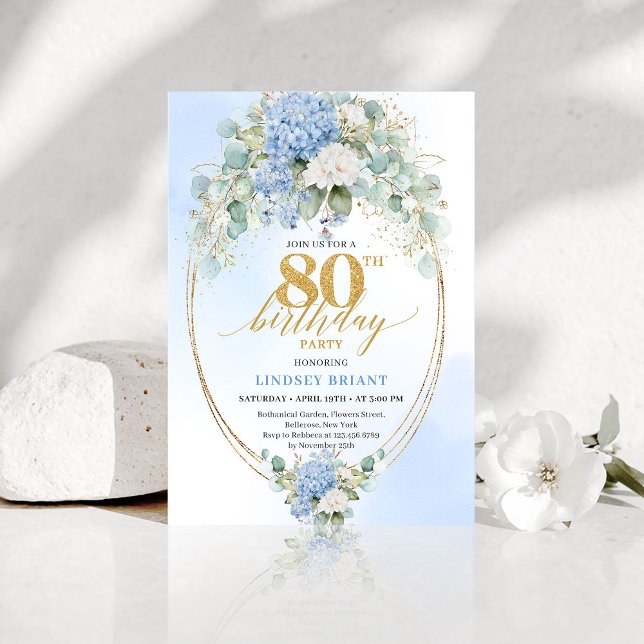 Invitation Refined Blue Hydrangea Gold Floral 80th Birthday   (Refined Blue Hydrangea Gold Floral 80th Birthday Invite)